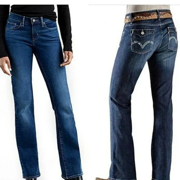 NWT New Levis 5 Pocket Flat Front Curvy Boot Cut Dark Blue Faded Denim Jeans 6 - Picture 1 of 8